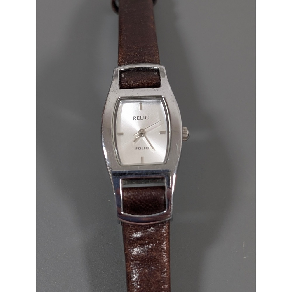 Relic Folio Watch Womens Brown Silver ZR33529 Leather Strap‎
